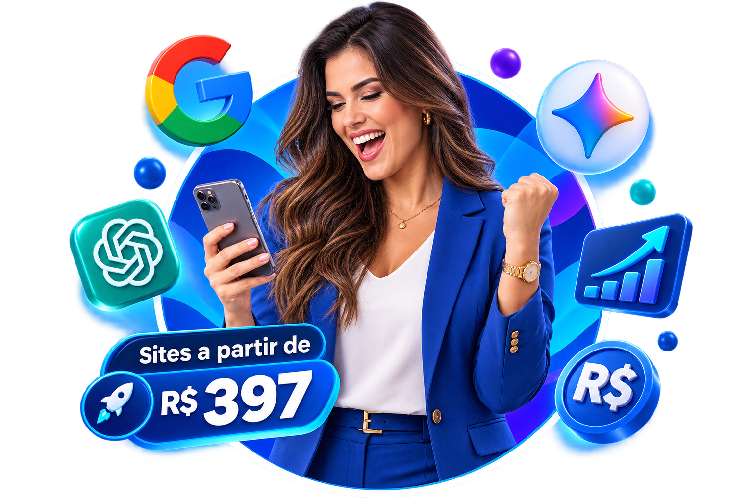 Empresária comemorando resultados com site profissional, Google e inteligência artificial